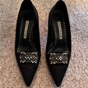 Manolo Blahnik Black Suede Heels with Studded Embellishments